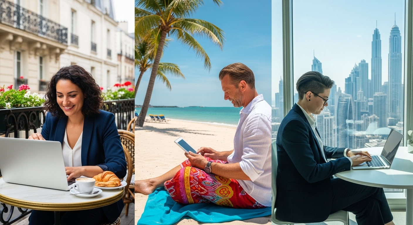 A diverse group of expat business owners from different global locations (e.g., a woman in a cafe in Paris, a man on a beach in Thailand, a person in a modern office in Dubai) all looking at their laptops or tablets, showcasing seamless remote work and connectivity. The image should be vibrant and optimistic, highlighting global entrepreneurship.