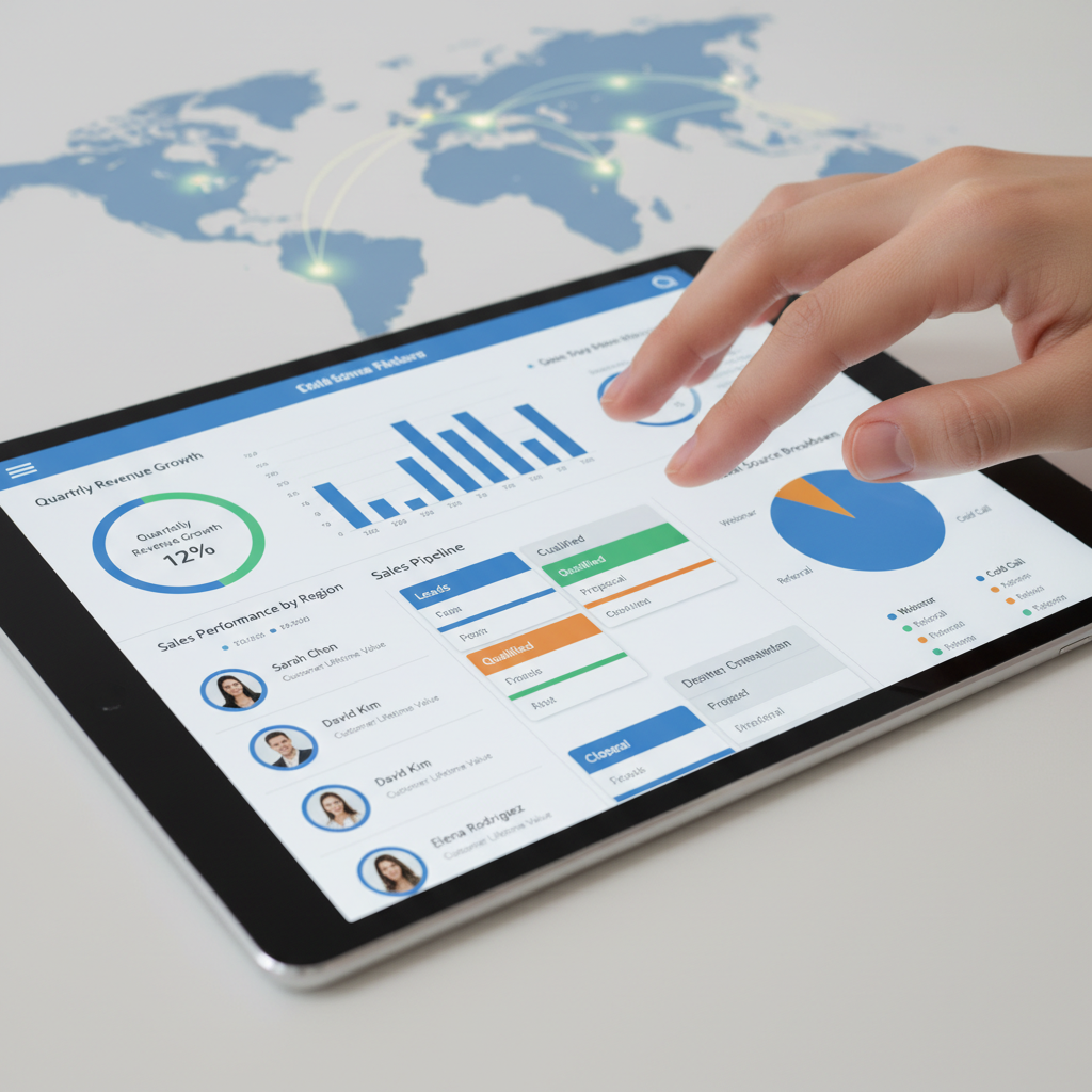 A close-up, high-angle shot of a hand interacting with a sleek, modern CRM dashboard on a tablet. The dashboard displays various graphs, customer profiles, and sales pipeline stages. The background is a soft-focus image of a globe or world map, subtly suggesting international business. The lighting is bright and professional.