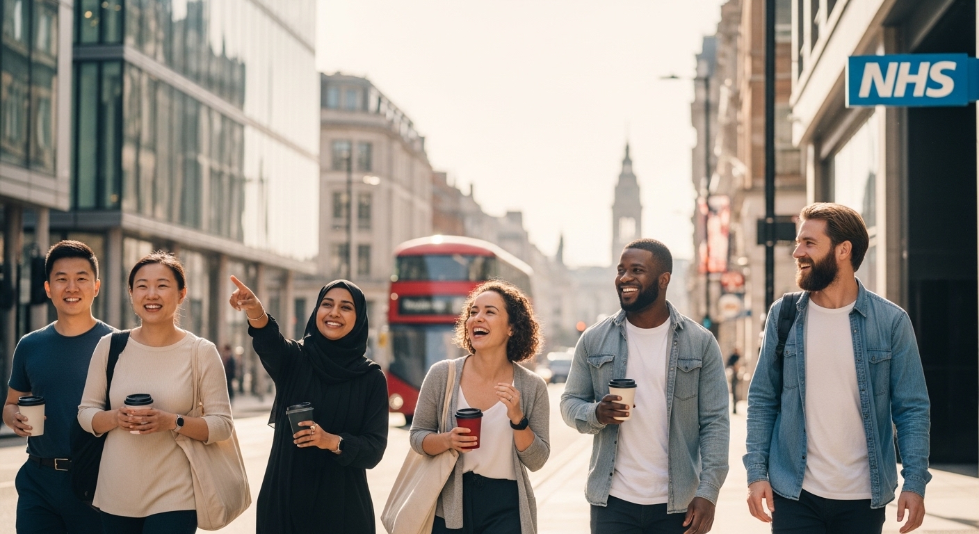 A diverse group of smiling expats in a modern, bright UK city setting, looking confident and healthy, symbolizing peace of mind with healthcare