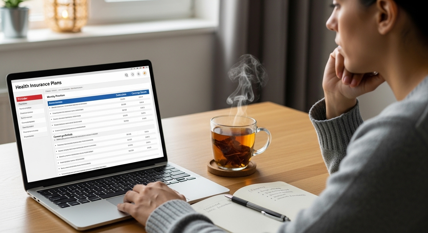 A person sitting comfortably at a desk, looking at a laptop with various health insurance plan options displayed, a cup of tea nearby, symbolizing thoughtful decision-making