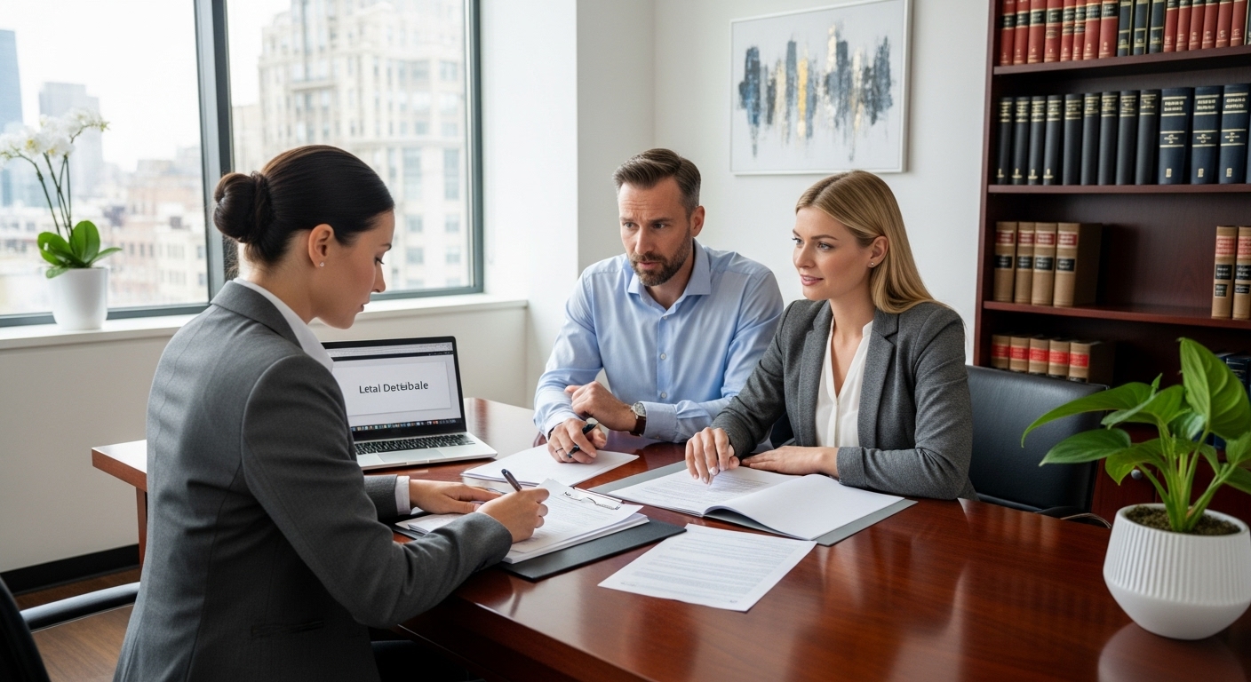 A detailed, photorealistic image of a legal professional reviewing immigration documents with an expat couple, looking attentive and helpful in a modern office setting.