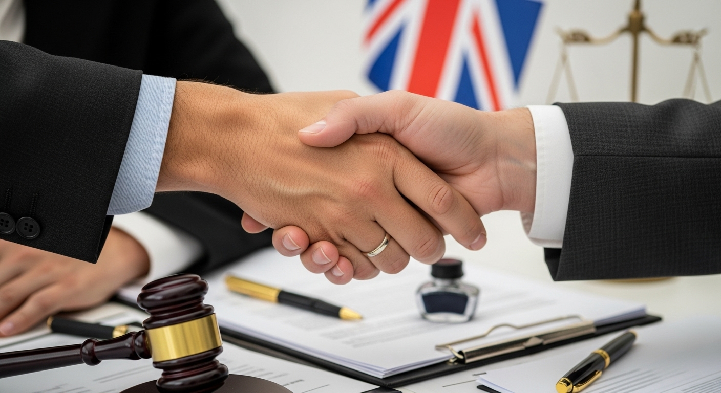 A close-up, photorealistic image showing a diverse group of hands, including those of an expat and a lawyer, shaking hands over a stack of legal documents with a British flag subtly in the background, symbolizing successful collaboration.