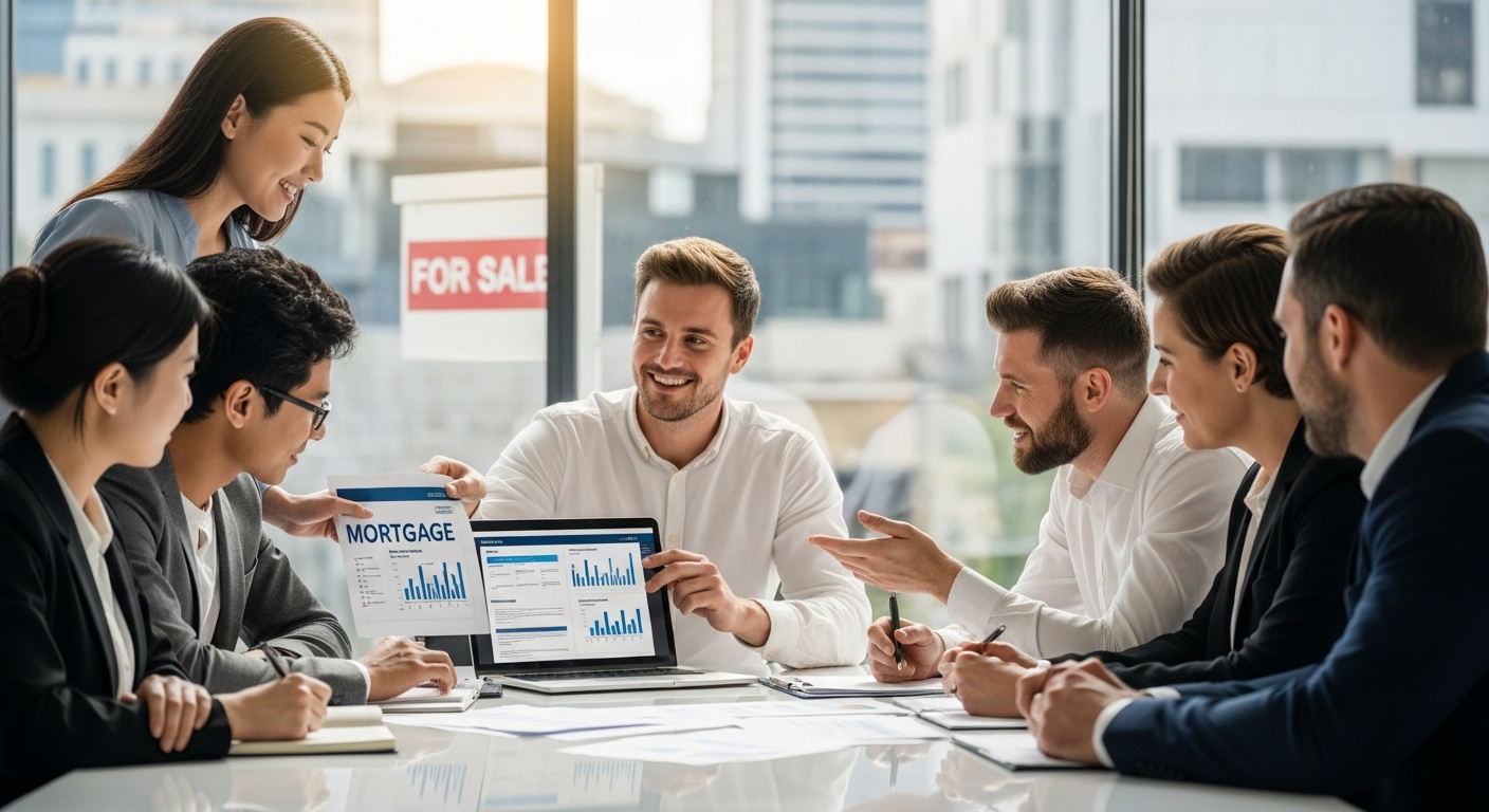 A diverse group of expats, dressed professionally, gathered around a table with a laptop, documents, and a 'For Sale' sign in the background, discussing mortgage options with a friendly mortgage advisor. The scene is brightly lit and modern, conveying a sense of hope and progress.