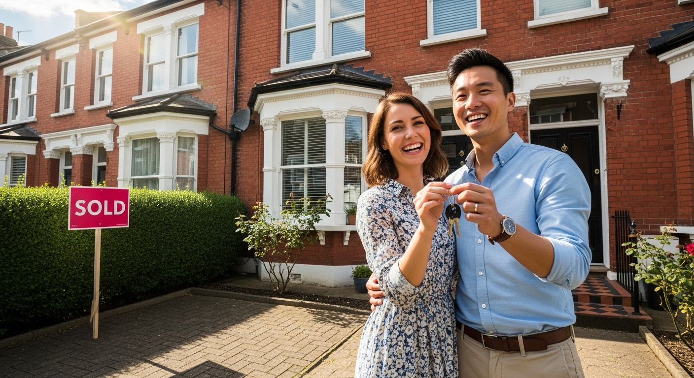 A happy expat couple, smiling and holding a set of new house keys, standing in front of a quintessential British red-brick house with a 'Sold' sign. Sunlight streams through, creating a warm and welcoming atmosphere.