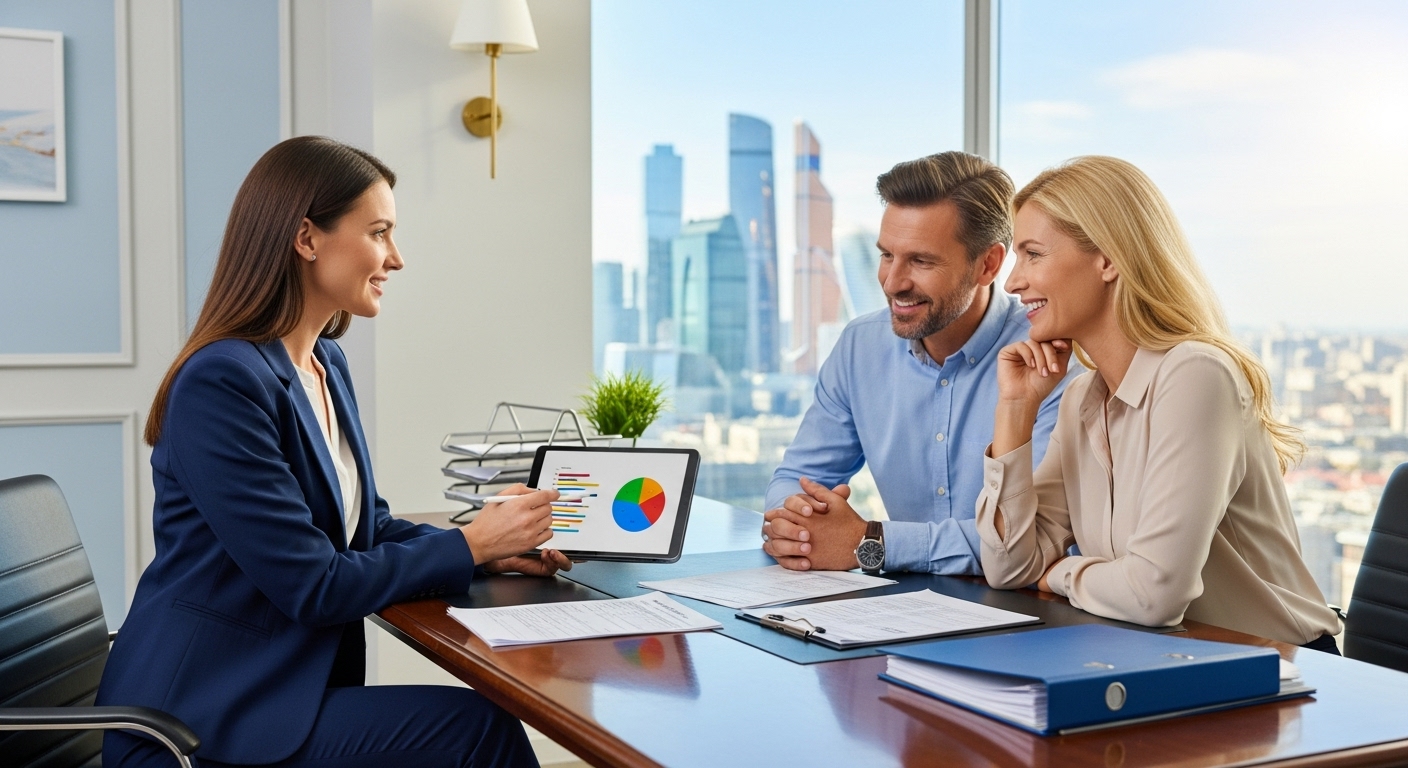 A vibrant, photorealistic image of a professional financial advisor in a modern office, explaining tax documents to a happy expat couple. The advisor is pointing to a chart on a tablet, and the couple looks relieved and understanding. Sunlight streams through a window in the background, showing a city skyline.