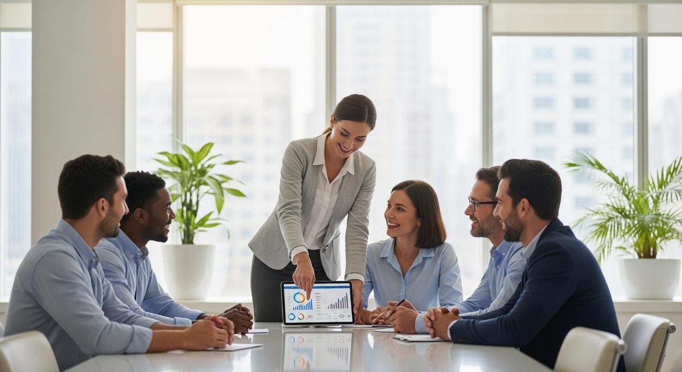 A diverse group of smiling expats enjoying a relaxed conversation in a modern, brightly lit office, with a financial advisor pointing to a tablet displaying financial charts. The atmosphere is professional yet approachable, showing trust and understanding.