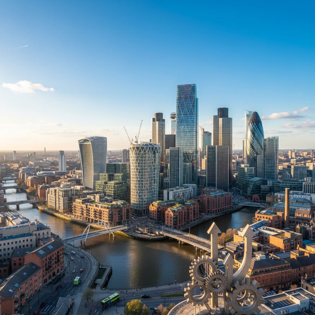 A vibrant, sunny shot of a modern city skyline in the UK, possibly London or Manchester, with a diverse mix of residential and commercial buildings, symbolizing growth and investment opportunities. Focus on architectural detail and a clear sky.