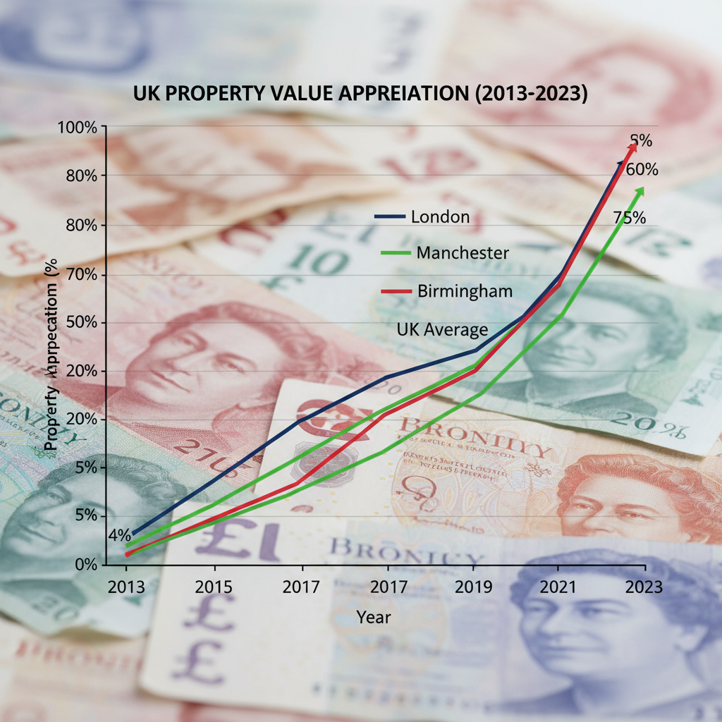 A professional-looking graph showing an upward trend of property value appreciation in the UK over the past decade, with specific lines indicating growth in different regions like London, Manchester, and Birmingham, against a subtle backdrop of UK banknotes.