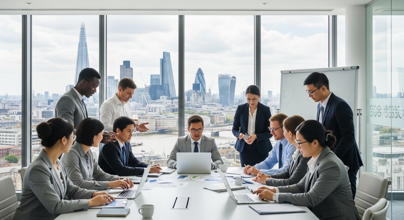 A diverse group of international business people collaborating in a modern, light-filled UK office building, with London's skyline visible in the background, conveying professionalism and global connectivity.
