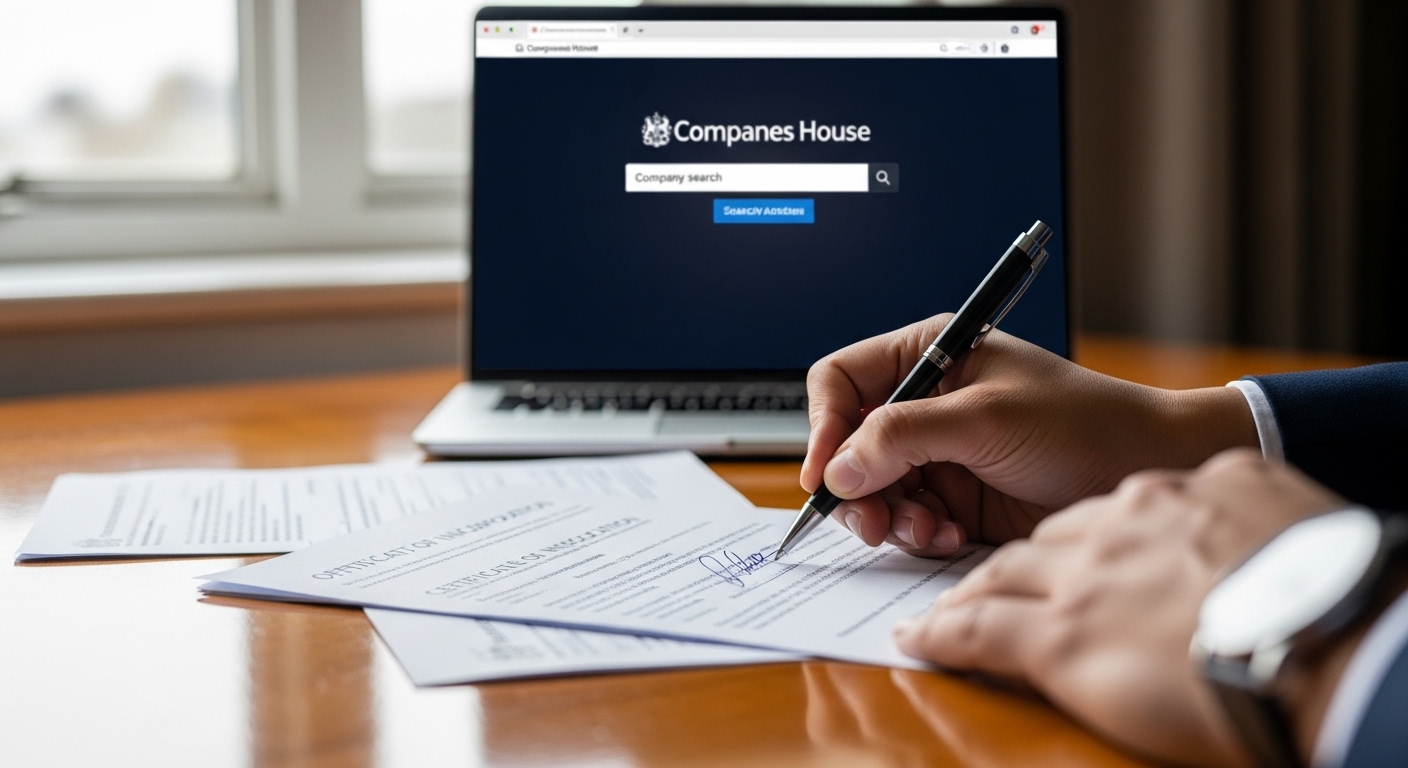 A close-up shot of a hand signing official UK company formation documents, with a laptop displaying a Companies House website in the background, symbolizing the administrative process for foreign entrepreneurs.