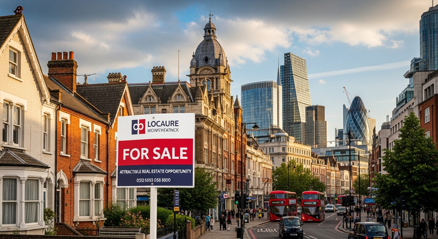 A diverse skyline of modern and traditional buildings in a vibrant UK city, with a prominent 'For Sale' sign on a charming terraced house in the foreground, indicating attractive real estate opportunities.