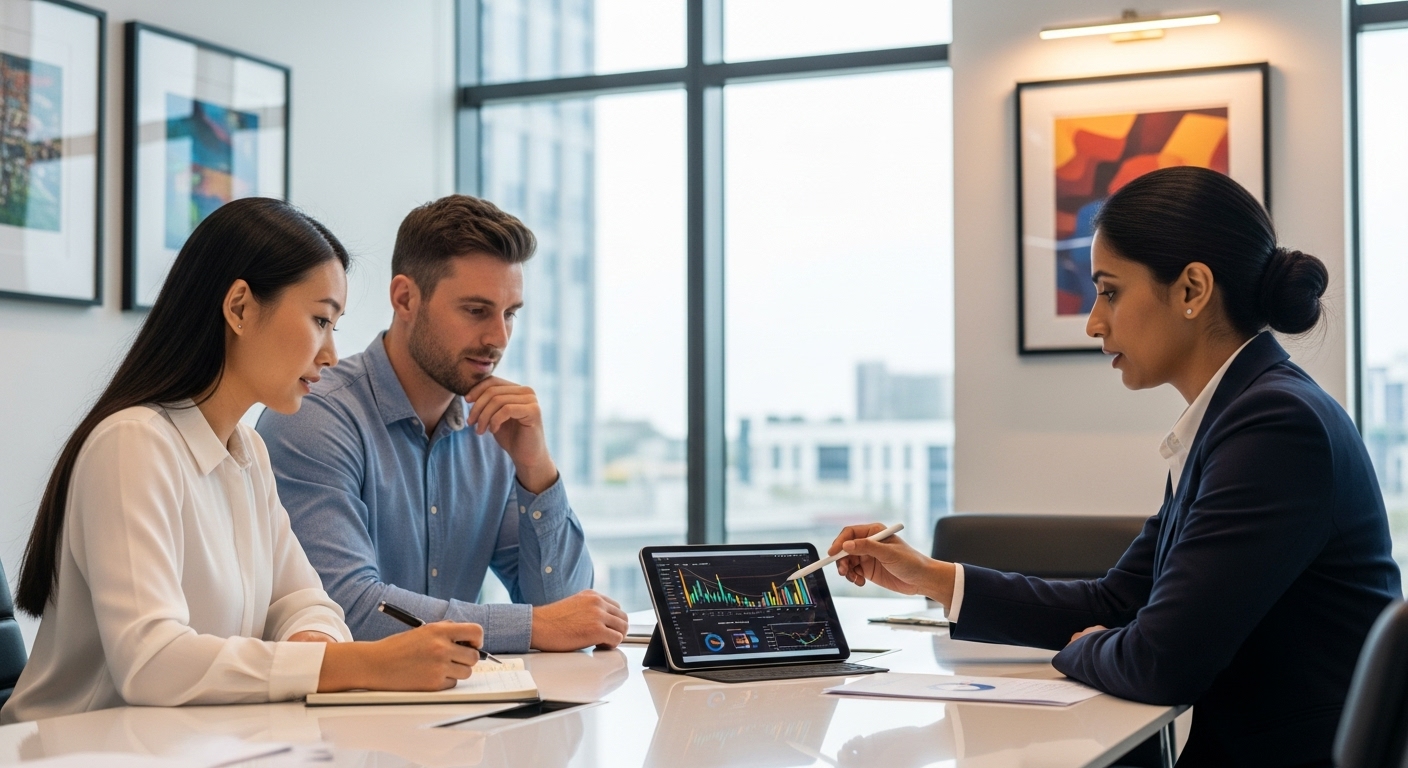 A diverse expat couple is attentively meeting with a professional financial advisor in a modern, well-lit office. The advisor is pointing to a tablet displaying financial charts, while the couple listens with thoughtful expressions, symbolizing expert guidance on investments.