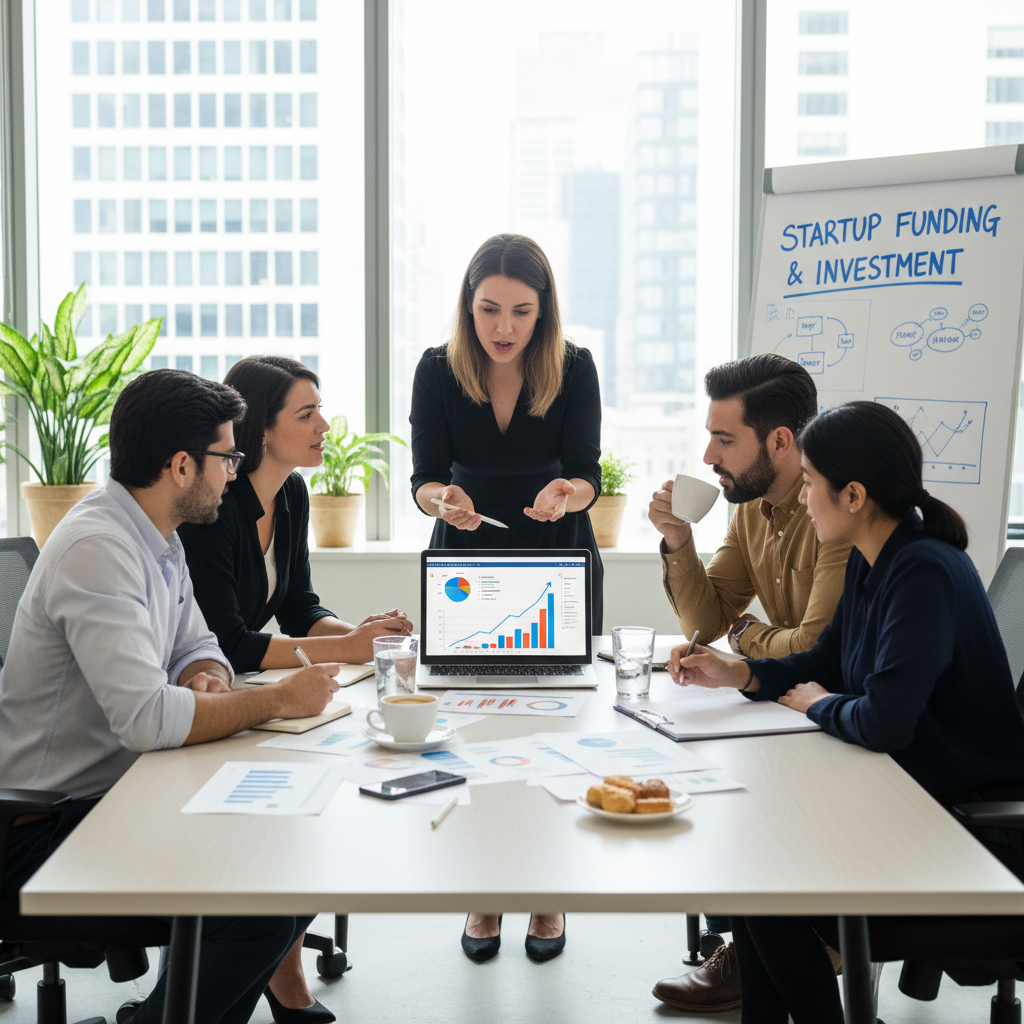 A diverse group of expat entrepreneurs in a modern, brightly lit office, animatedly discussing financial strategies around a table with a laptop, charts, and coffee. One person points at a digital financial projection on the screen, while another takes notes. The atmosphere is collaborative and optimistic, with a focus on startup funding and investment.