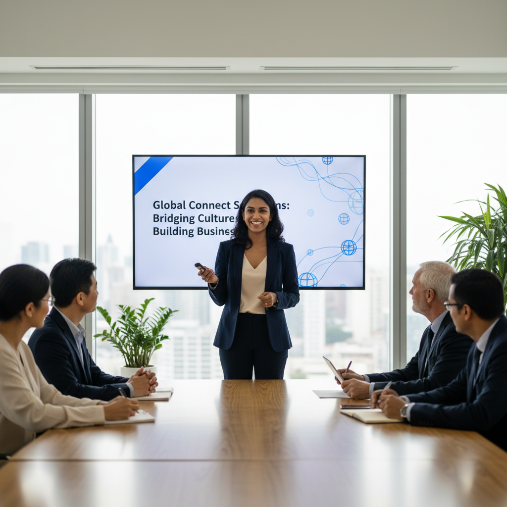 A confident expat entrepreneur, a woman of South Asian descent, presenting her business pitch with a clear, engaging slide deck behind her to a panel of diverse judges in a modern, well-lit conference room. The judges are attentive, some taking notes, others nodding. The entrepreneur is holding a remote clicker and smiling, demonstrating success and clear communication.