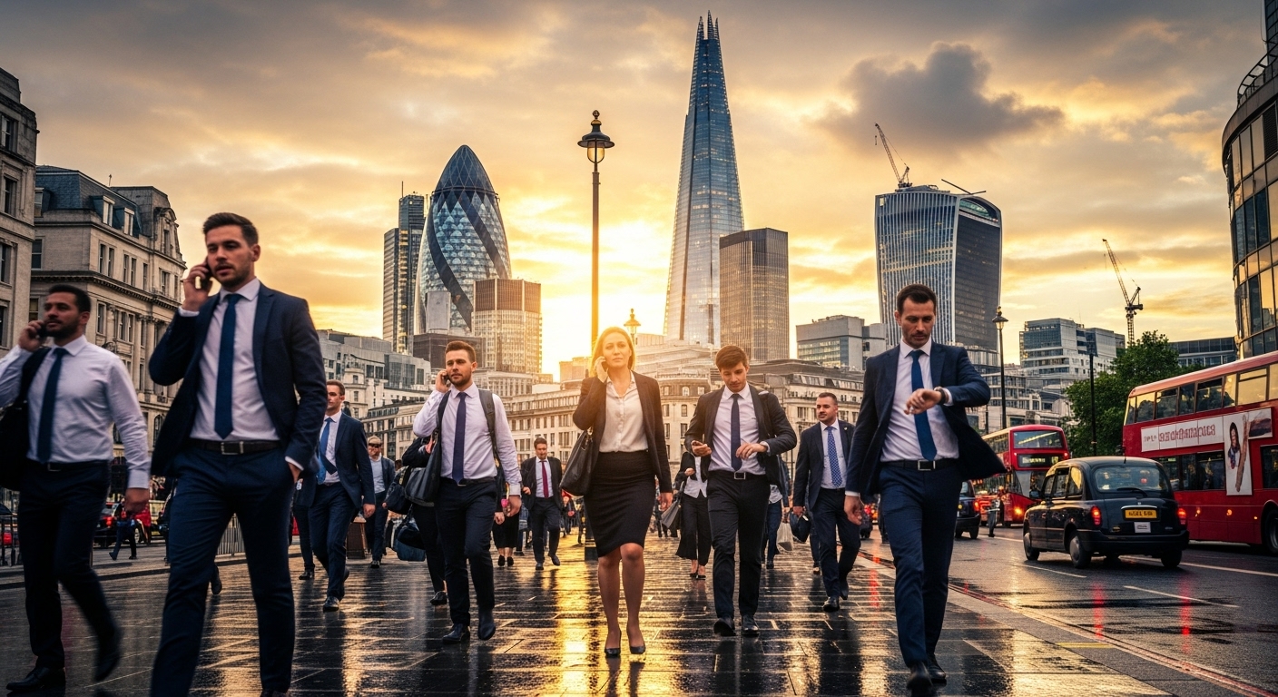 A bustling, modern city skyline of London at sunset, with diverse business people in professional attire walking purposefully on a street below. The scene should convey dynamism and opportunity. Photorealistic.