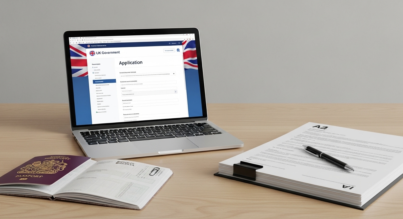 A clean, modern desk setup with a laptop open to a UK government visa application portal. On the desk, there are neatly organized documents, a passport, and a pen, suggesting meticulous preparation. The lighting is bright and professional. Photorealistic.